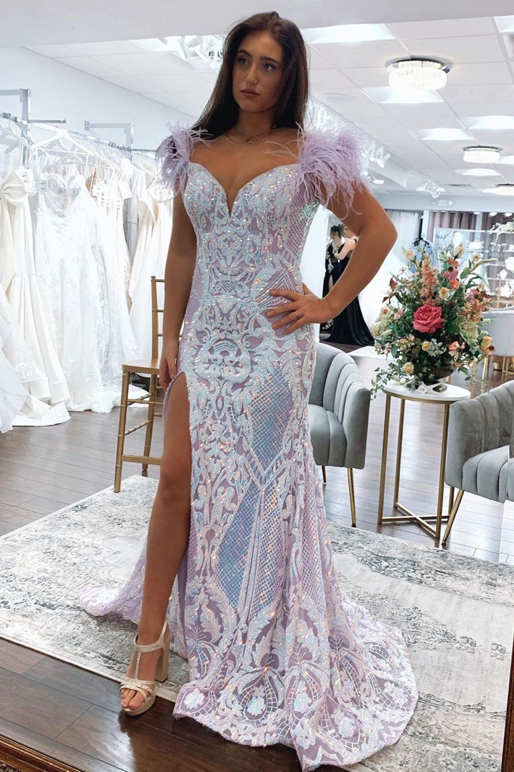 Light Purple Mermaid Long Glitter Prom Dress With Split And Feather