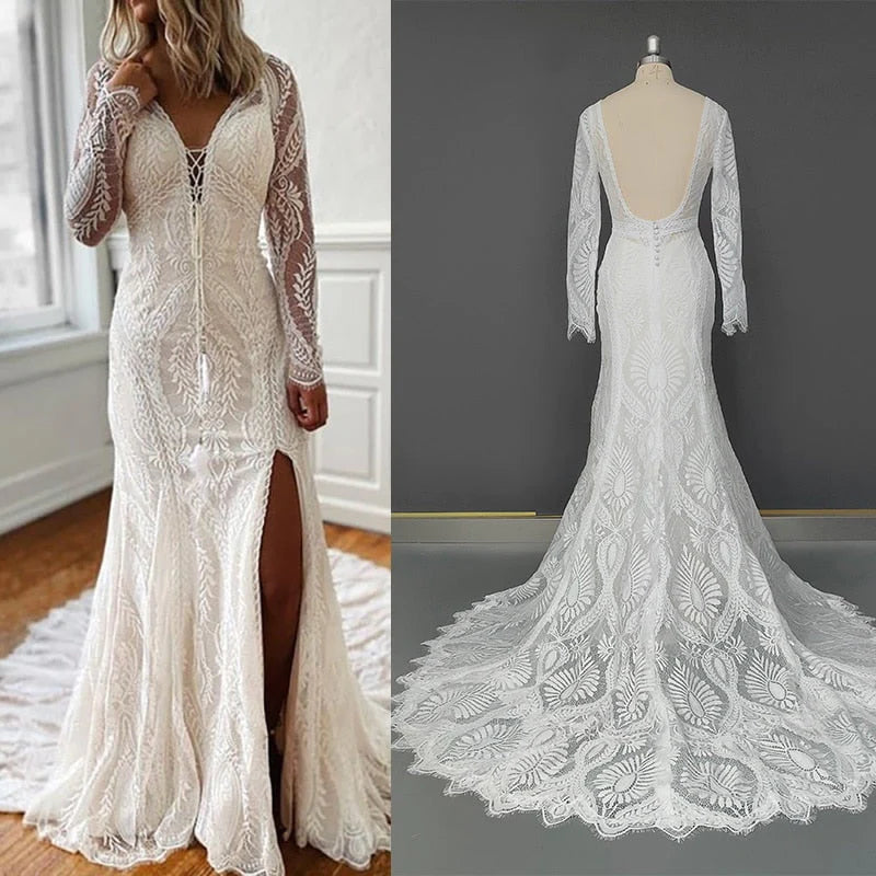 Long Sleeve V Neck Lace Applique Wedding Dresses Vintage Mermaid Slit Wedding Dresses