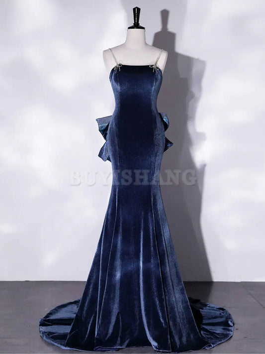 Buyishang Mermaid Velvet Blue Long Prom Dresses Blue Velvet Long Evening Dress prom dresses shops