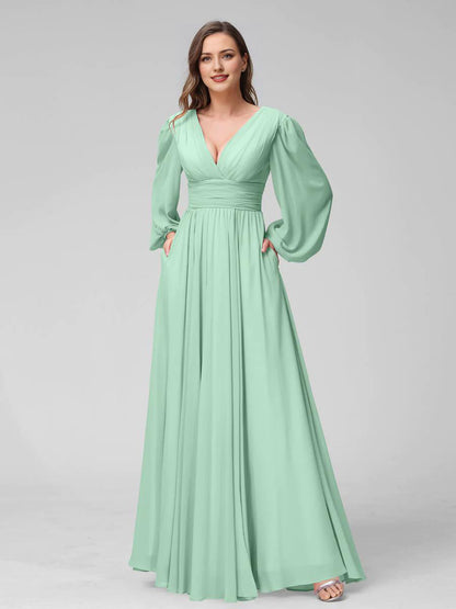 A-Line V-Neck Long Sleeves Long Chiffon Bridesmaid Dresses With Split