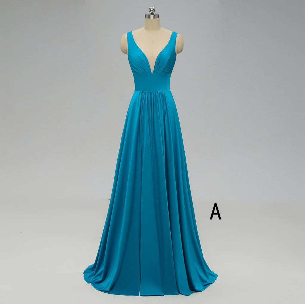 Mix And Match Elegant A Line V Neck Long Blue Backless Bridesmaid Dresses