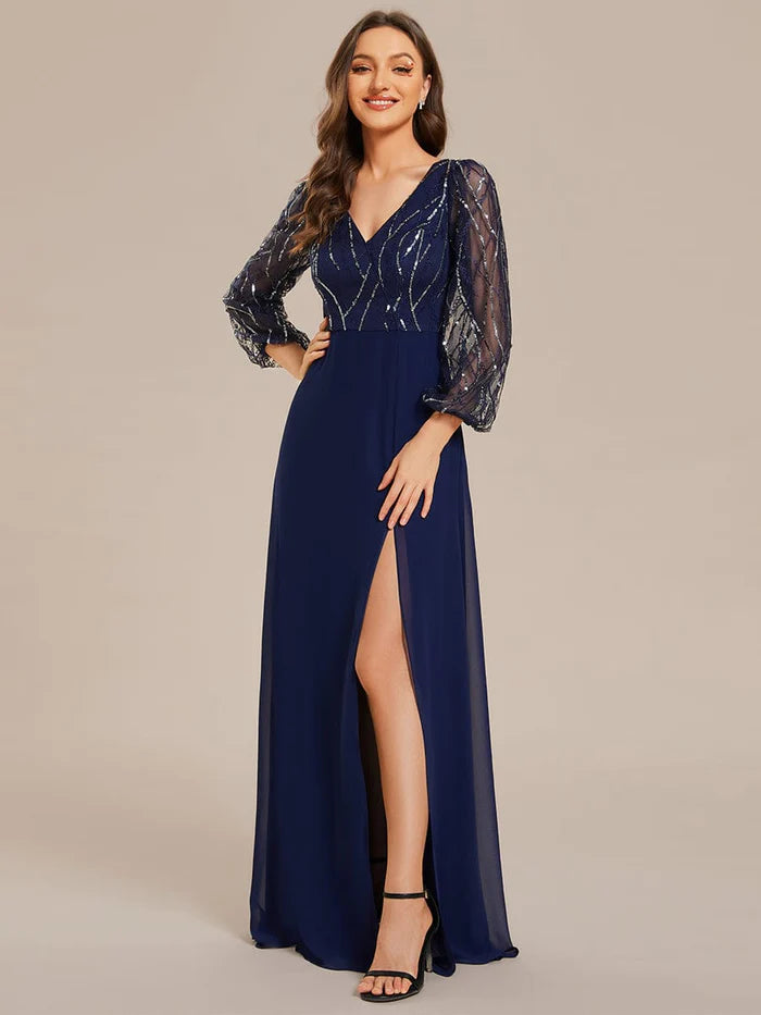 Sequin See-through Long Sleeves High Slit Chiffon A-Line Evening Dress/Party Dresses