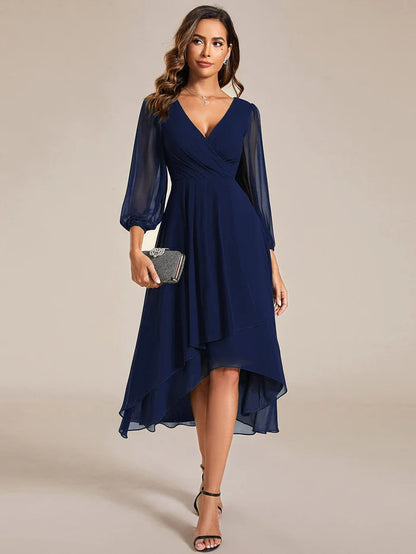 Long Sleeves Asymmetrical Hem A-Line Midi Wedding Guest Dress/Prom  Dresses