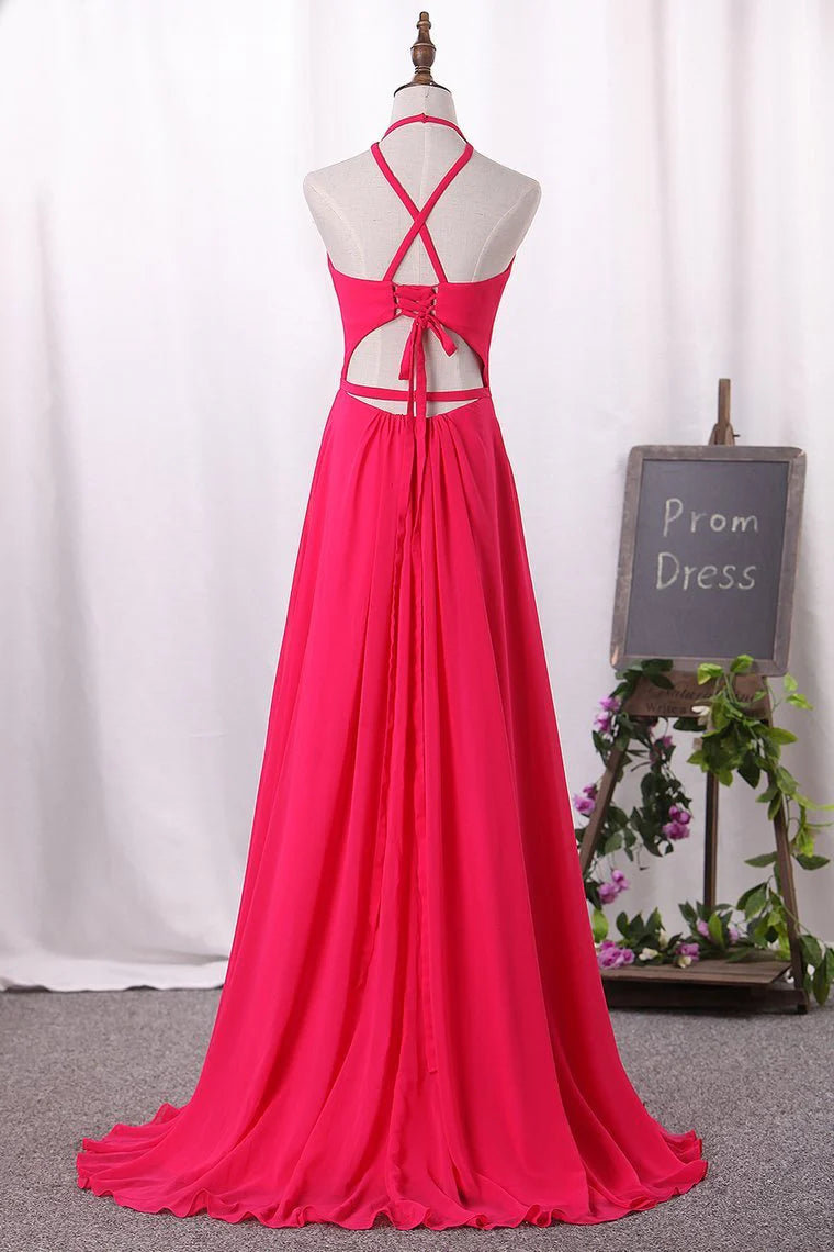 A Line Chiffon Halter Open Back Party Dresses