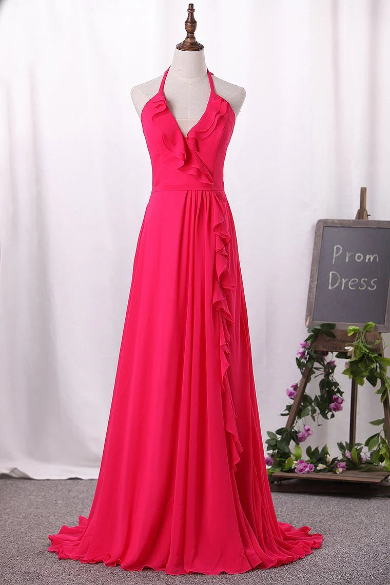 A Line Chiffon Halter Open Back Party Dresses