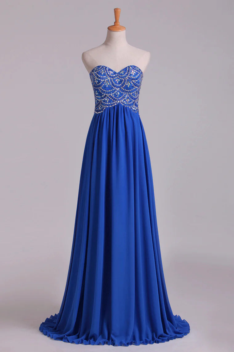 New Arrival Dark Royal Blue Sweetheart Party Dresses A Line With Beaded Bodice Chiffon