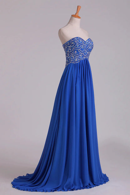 New Arrival Dark Royal Blue Sweetheart Party Dresses A Line With Beaded Bodice Chiffon