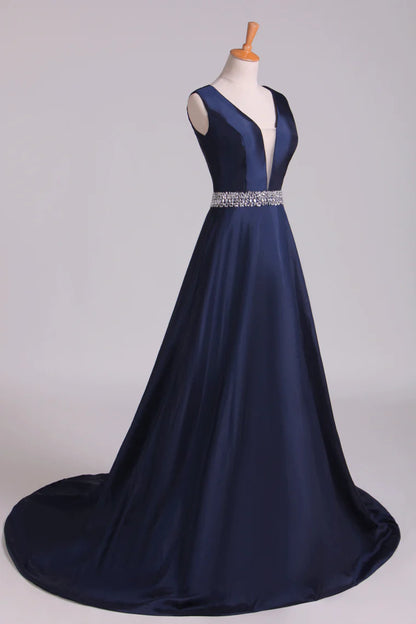 Arrival V-Neck Party Dresses A Line Beaded Waistline Court Train