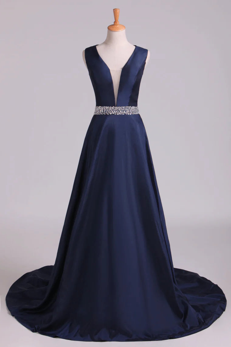 Arrival V-Neck Party Dresses A Line Beaded Waistline Court Train