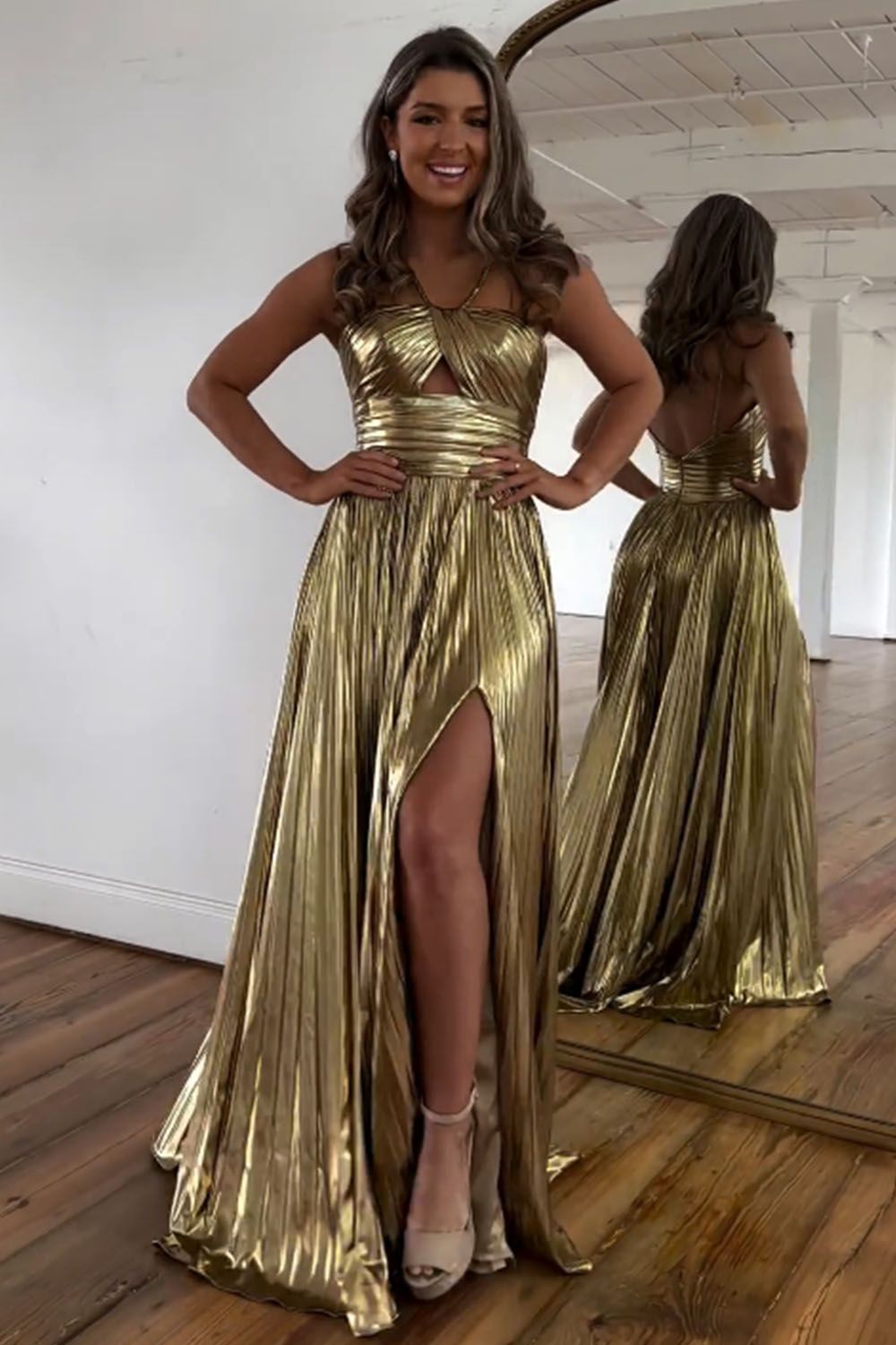 Sparkly Gold A-Line Halter Neck Long Prom Party Dress With Split