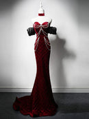 Buyishang Mermaid Sweetheart Neck Velvet Burgundy Long Prom Dress with Beads