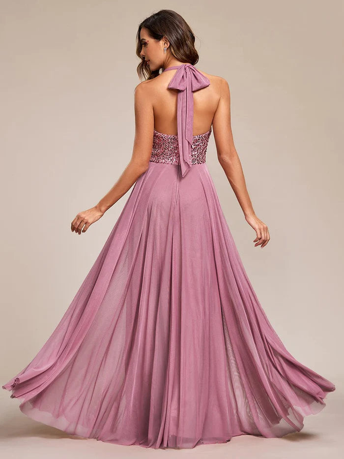 Sequin Halter Neck Top A-Line Backless Evening Dress with Tulle/Prom Dresses