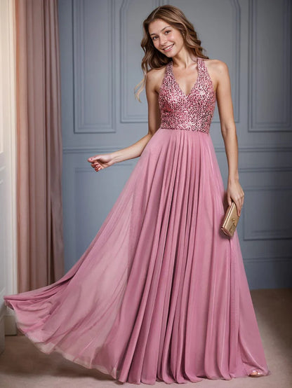 Sequin Halter Neck Top A-Line Backless Evening Dress with Tulle/Prom Dresses