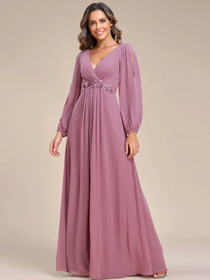 Elegant Chiffon V-Neckline Long Sleeve Formal Evening Dress