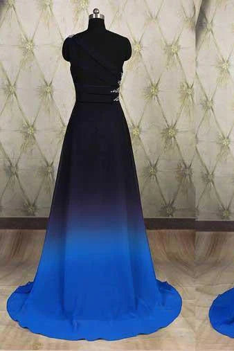 One Shoulder Ombre Black and Blue Ruffles Prom Dresses Simple Cheap Party Dresses