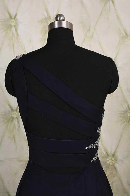 One Shoulder Ombre Black and Blue Ruffles Prom Dresses Simple Cheap Party Dresses