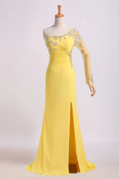 One Sleeve Column Floor Length Party Dress With Beading