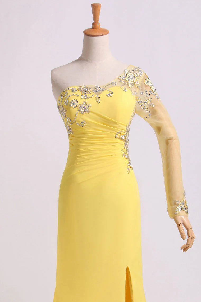 One Sleeve Column Floor Length Party Dress With Beading