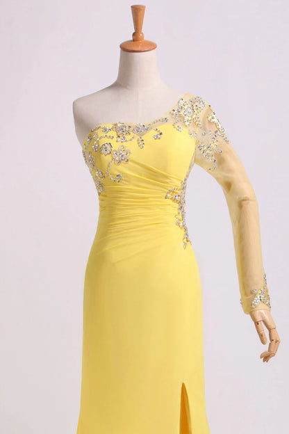 One Sleeve Column Floor Length Party Dress With Beading