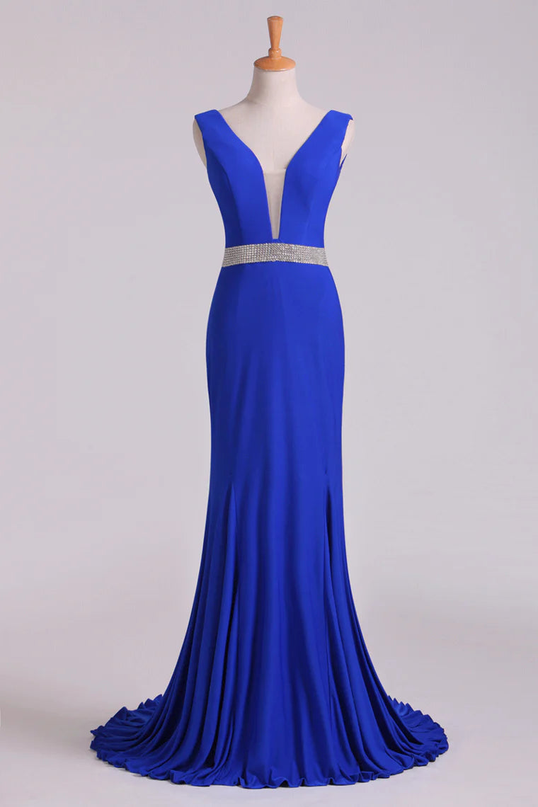 Open Back Column Party Dresses V Neck Dark Royal Blue Beaded Waistline Sweep Train