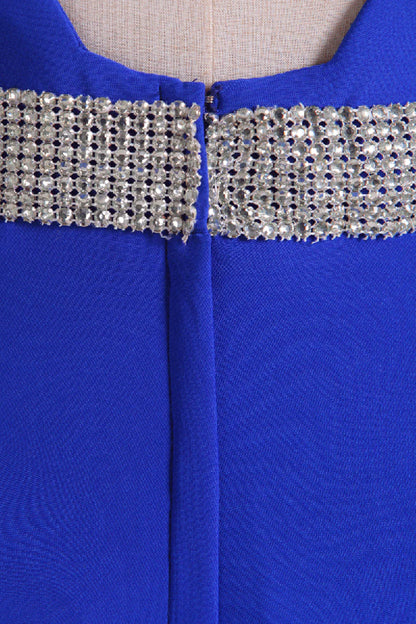 Open Back Column Party Dresses V Neck Dark Royal Blue Beaded Waistline Sweep Train