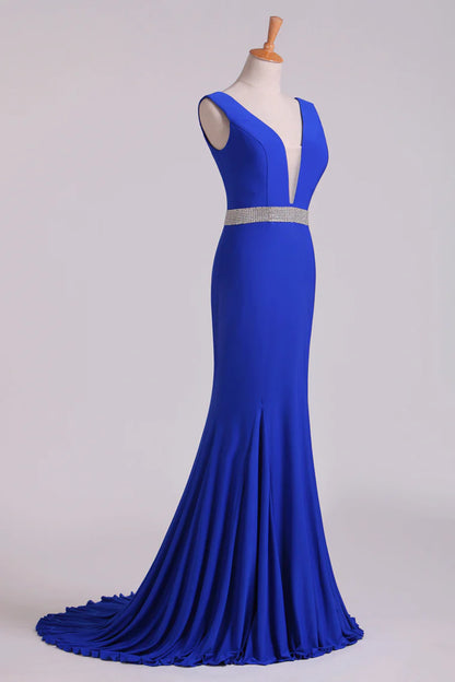 Open Back Column Party Dresses V Neck Dark Royal Blue Beaded Waistline Sweep Train