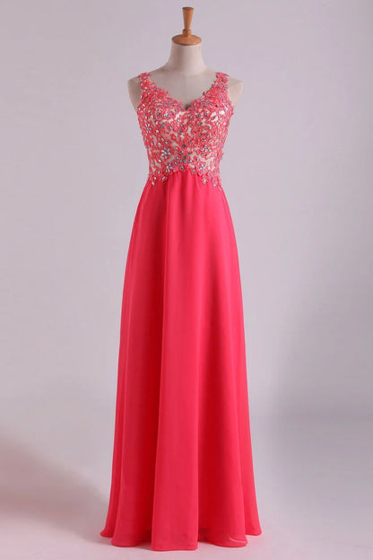 V Neck Party Dresses Beaded Bodice Chiffon Floor Length