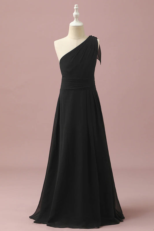 Black Chiffon One Shoulder A-Line Bridesmaid Dress