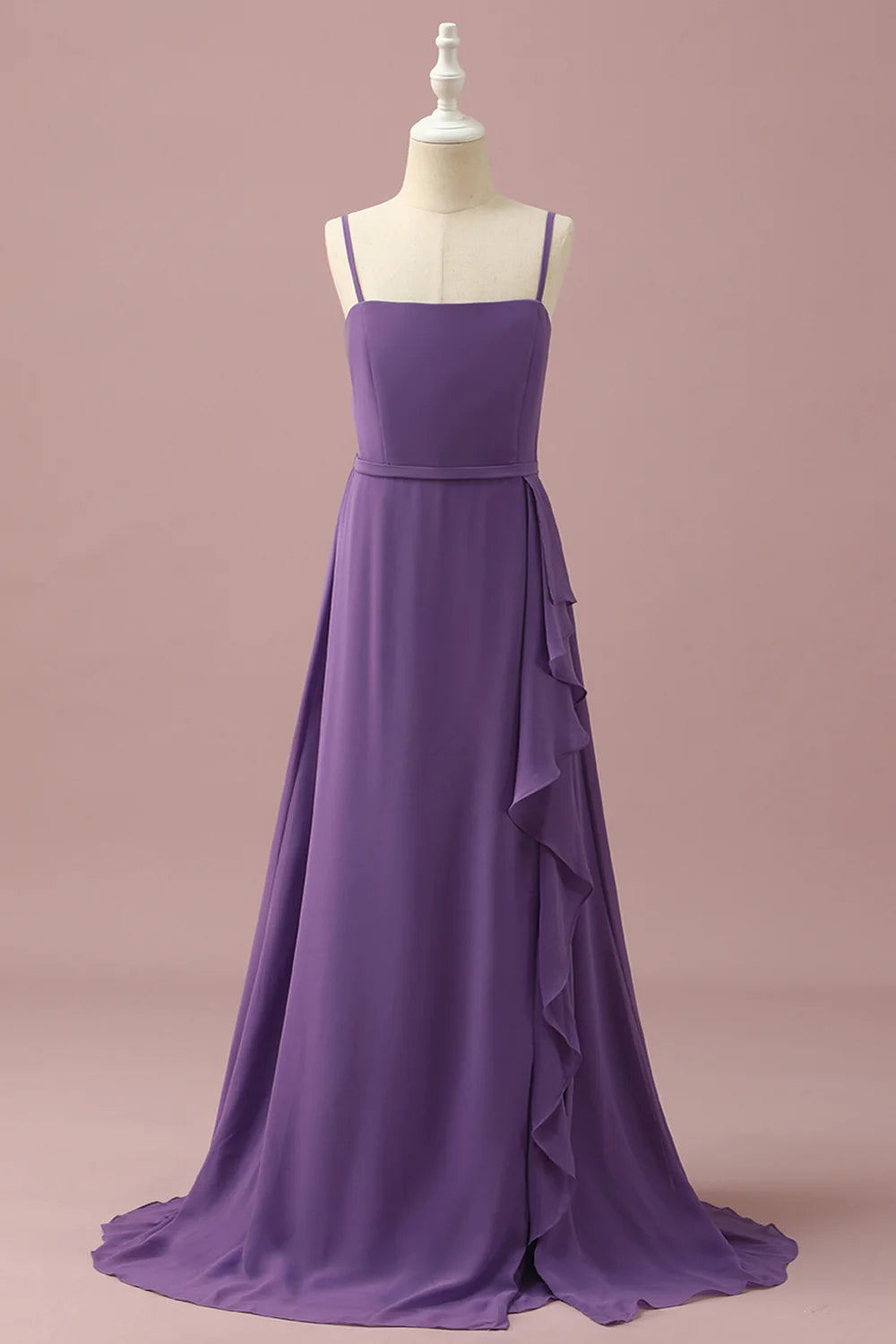 Purple Chiffon Spaghetti Straps Bridesmaid Dress With Cascading Ruffles