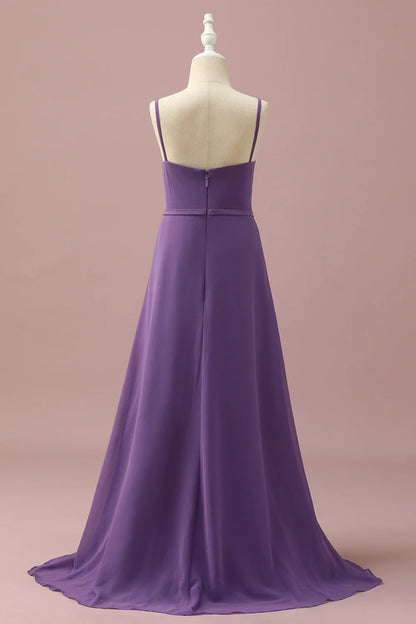 Purple Chiffon Spaghetti Straps Bridesmaid Dress With Cascading Ruffles