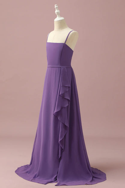 Purple Chiffon Spaghetti Straps Bridesmaid Dress With Cascading Ruffles