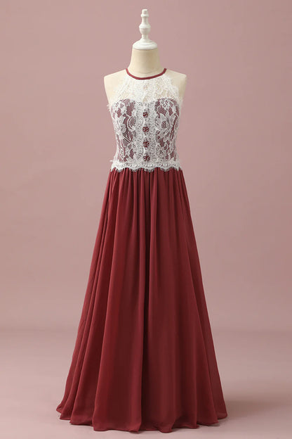 Burgundy Halter Lace and Chiffon Bridesmaid Dress