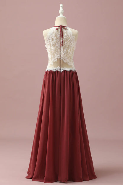 Burgundy Halter Lace and Chiffon Bridesmaid Dress