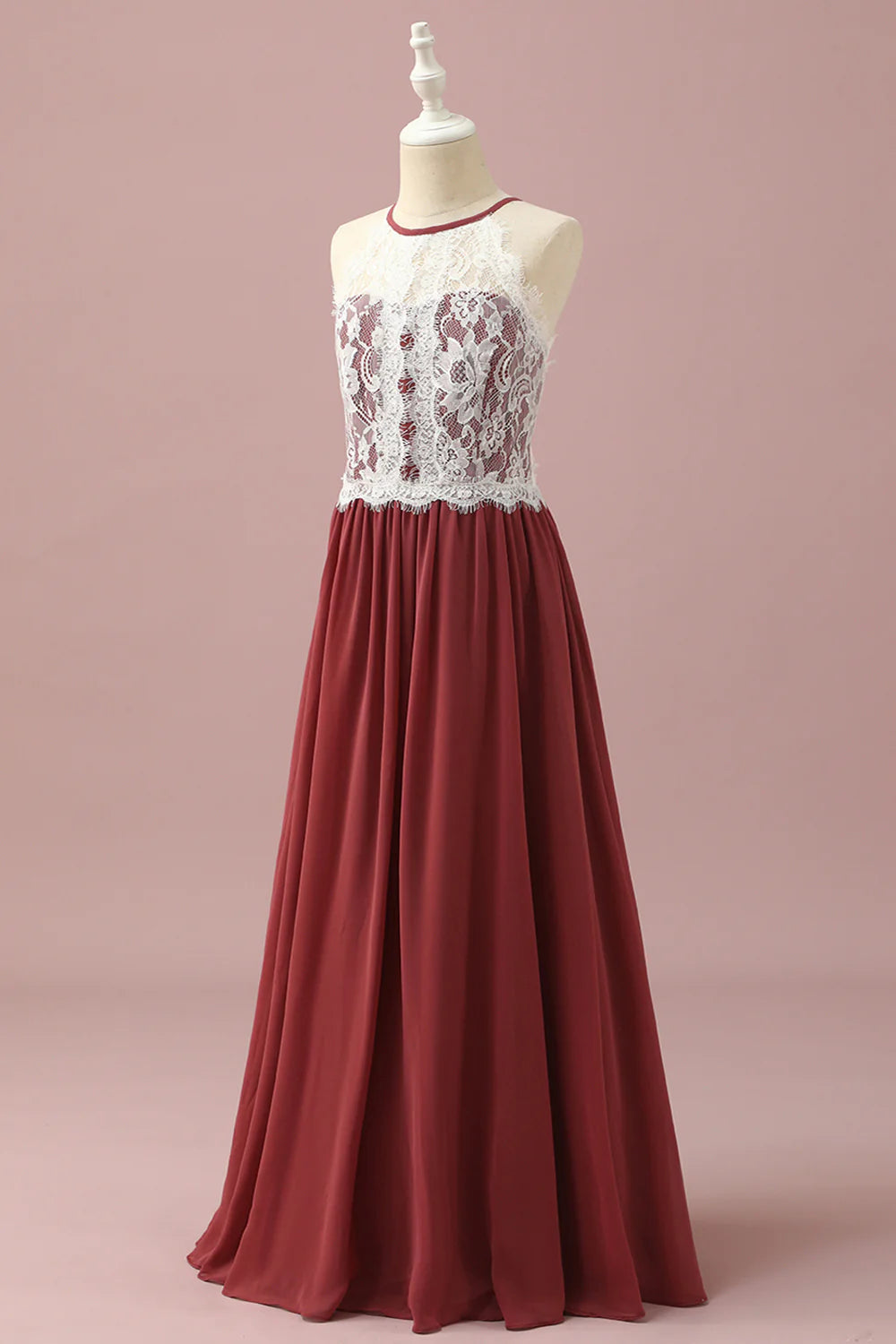 Burgundy Halter Lace and Chiffon Bridesmaid Dress