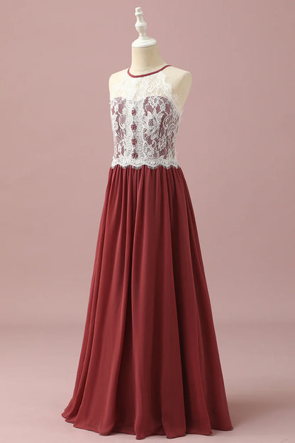 Burgundy Halter Lace and Chiffon Bridesmaid Dress