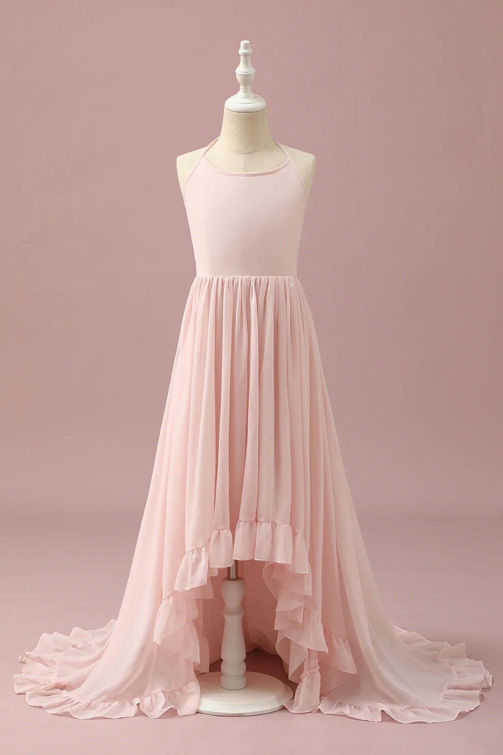 Light Pink Chiffon Halter High Low Bridesmaid Dress