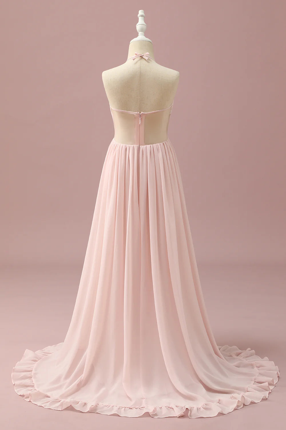 Light Pink Chiffon Halter High Low Bridesmaid Dress