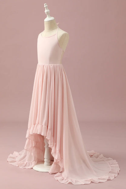 Light Pink Chiffon Halter High Low Bridesmaid Dress