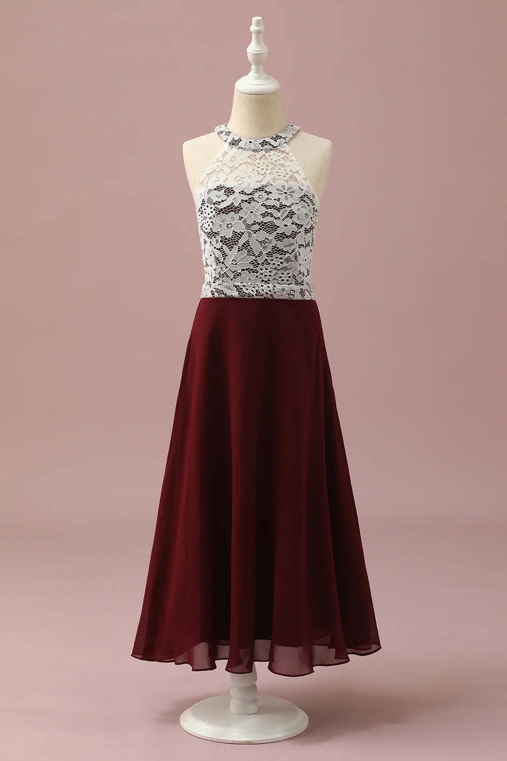 Burgundy Lace and Chiffon Halter Bridesmaid Dress