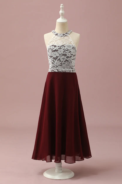 Burgundy Lace and Chiffon Halter Bridesmaid Dress