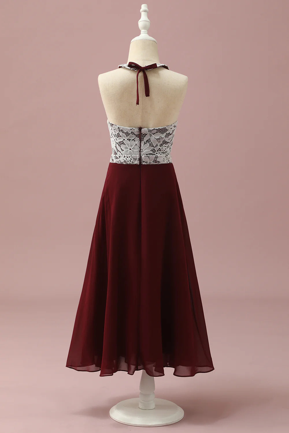 Burgundy Lace and Chiffon Halter Bridesmaid Dress