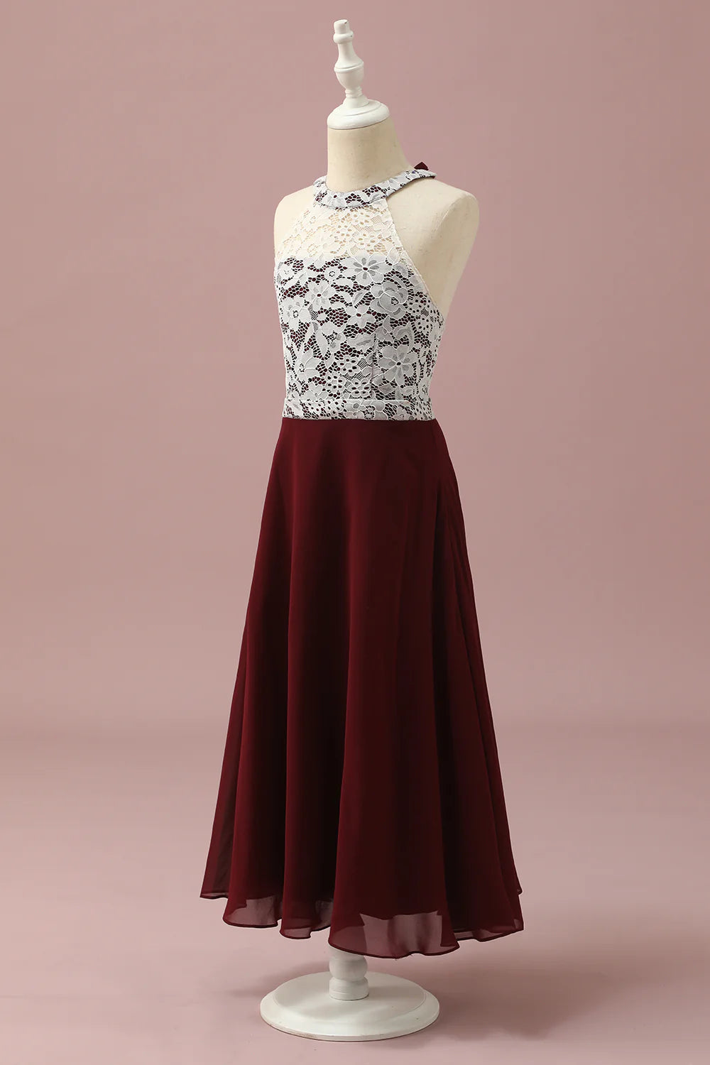 Burgundy Lace and Chiffon Halter Bridesmaid Dress