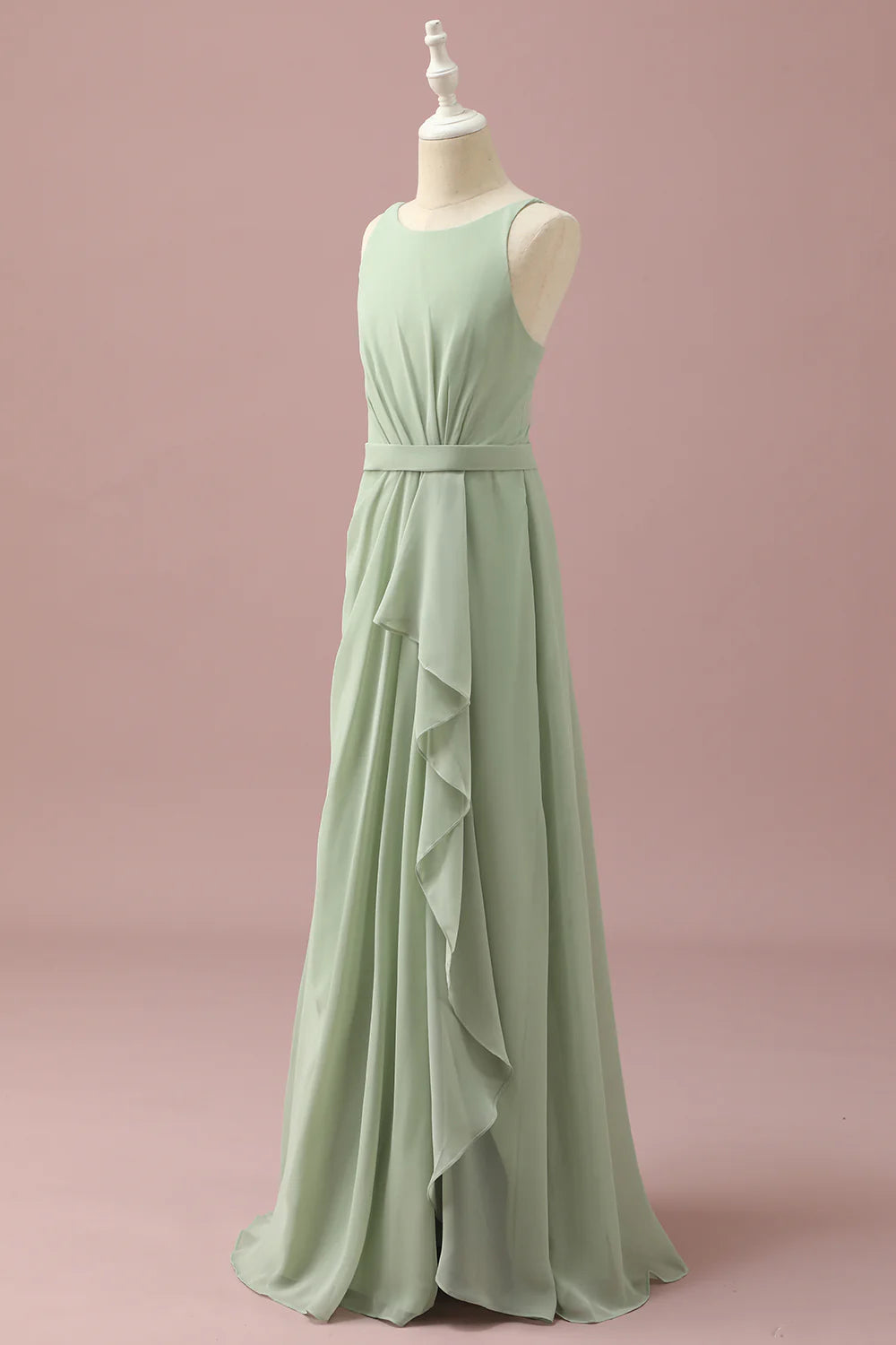 Sage Chiffon Round Neck Junior Bridesmaid Dress With Cascading Ruffles