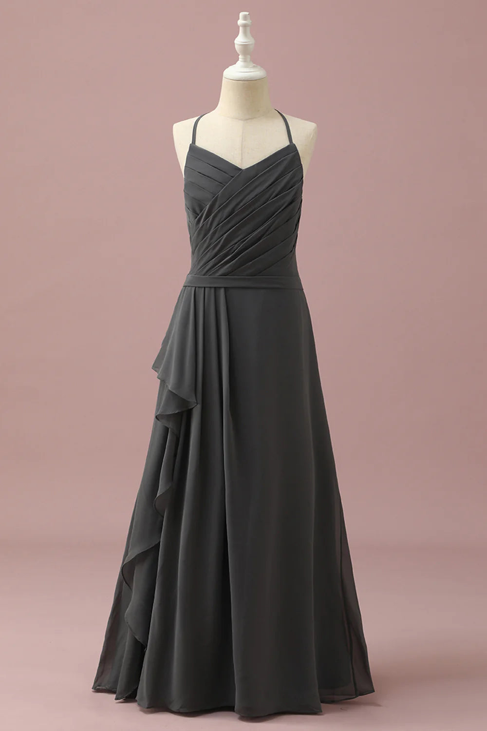 Black Halter Neck A-Line Bridesmaid Dress With Cascading Ruffles