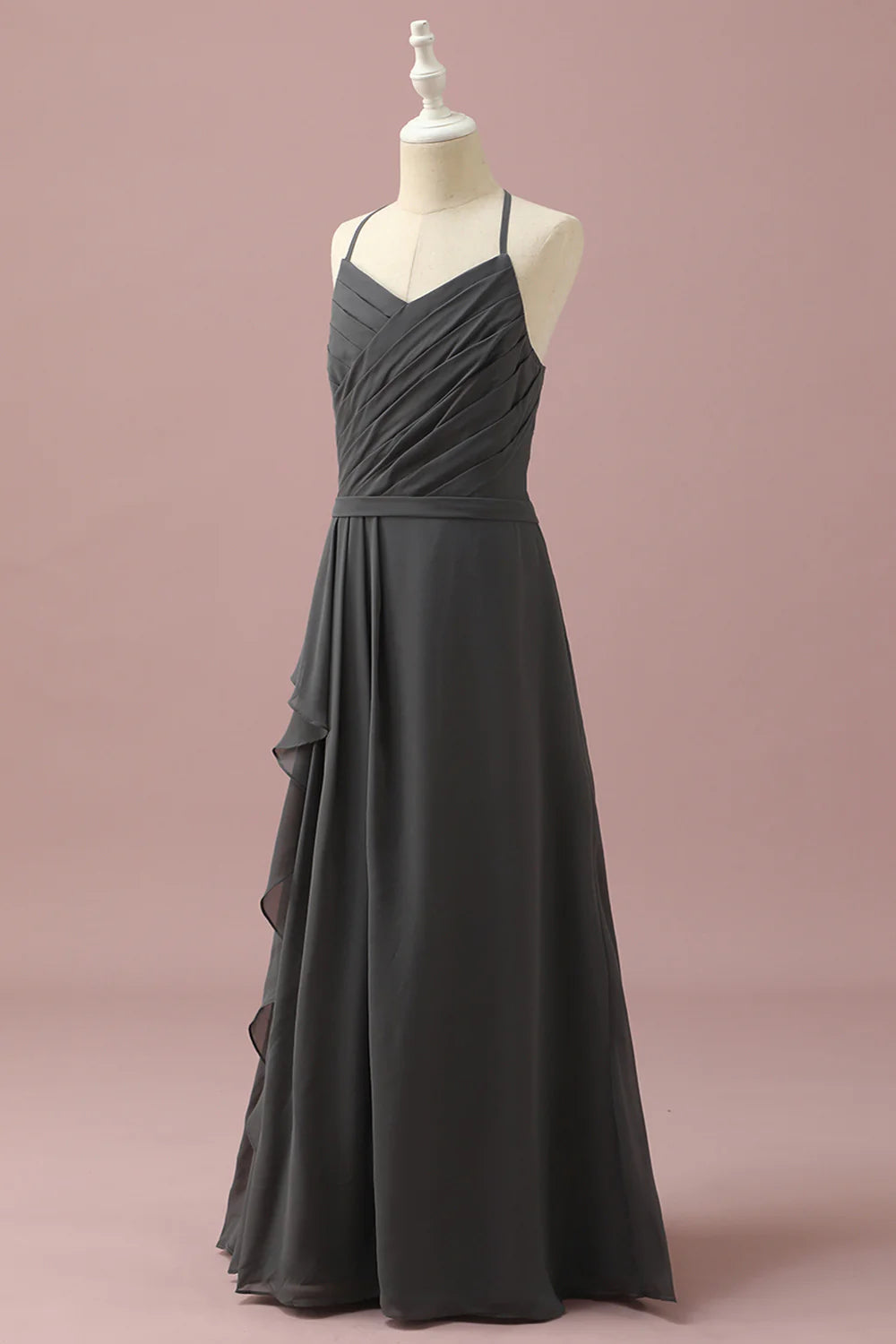 Black Halter Neck A-Line Bridesmaid Dress With Cascading Ruffles