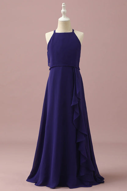 Purple Halter Chiffon Bridesmaid Dress With Cascading Ruffles