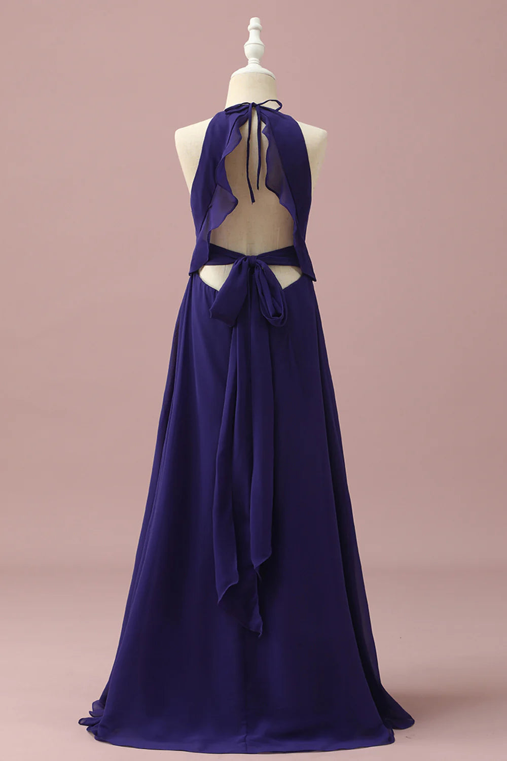 Purple Halter Chiffon Bridesmaid Dress With Cascading Ruffles