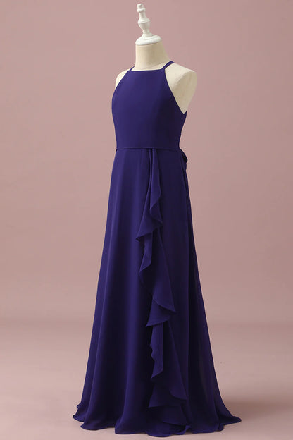 Purple Halter Chiffon Bridesmaid Dress With Cascading Ruffles