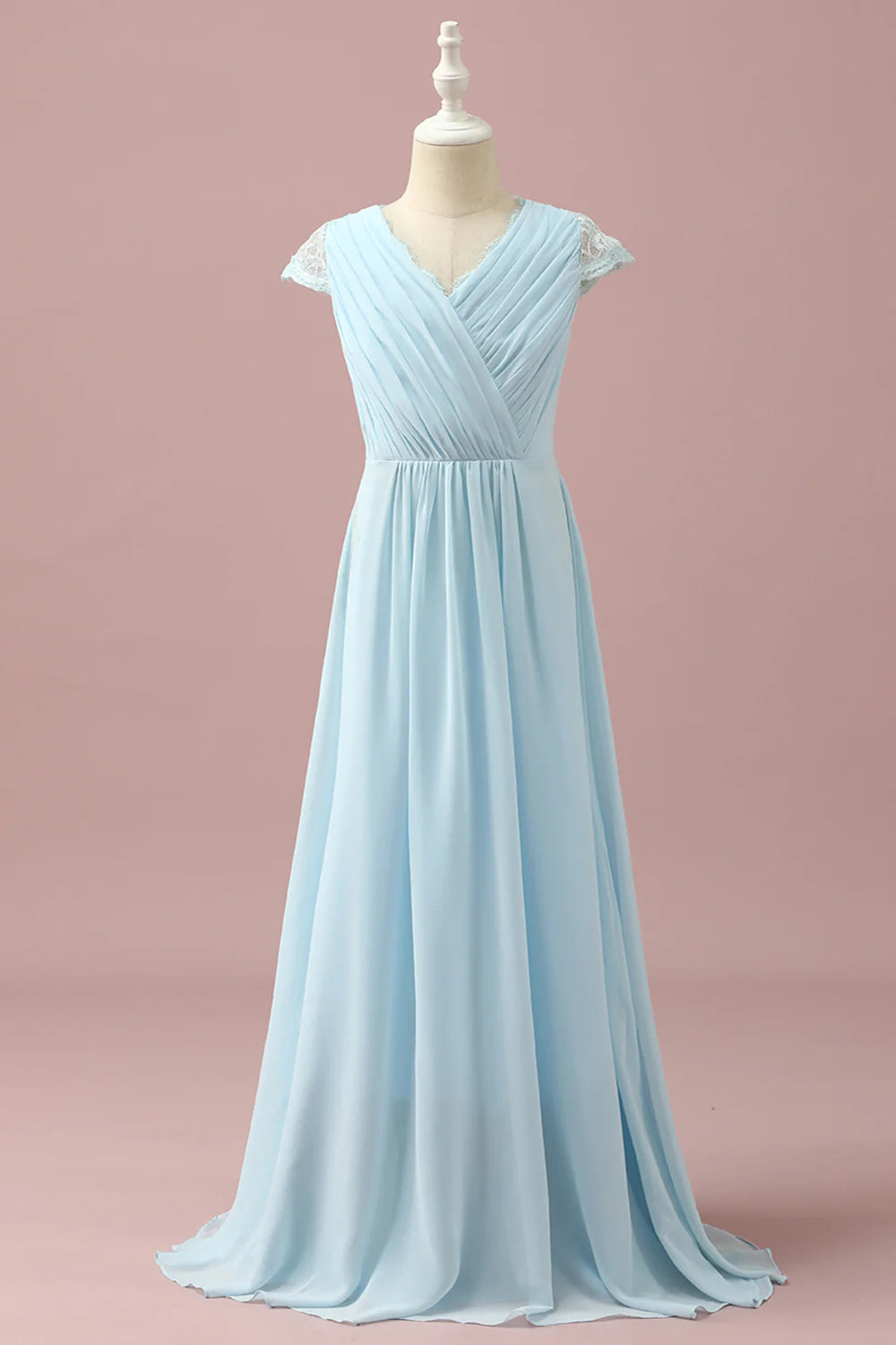 Light Blue Lace and Chiffon V-Neck Bridesmaid Dress