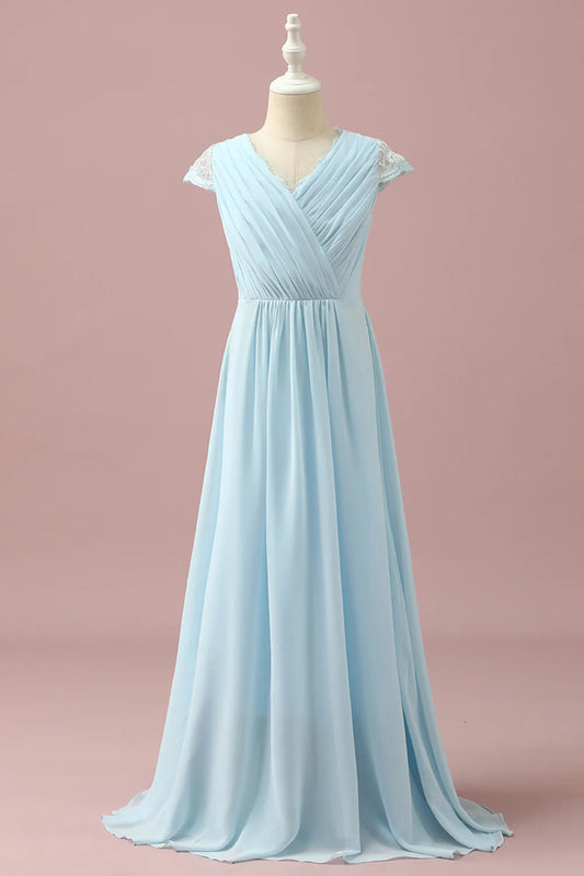 Light Blue Lace and Chiffon V-Neck Bridesmaid Dress